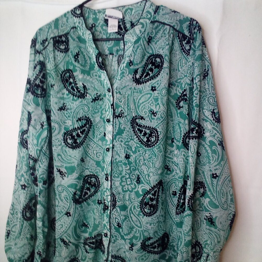 Bon Worth Blouse L Long Sleeve Button Up Simi Sheer Velvet Detail Green Black